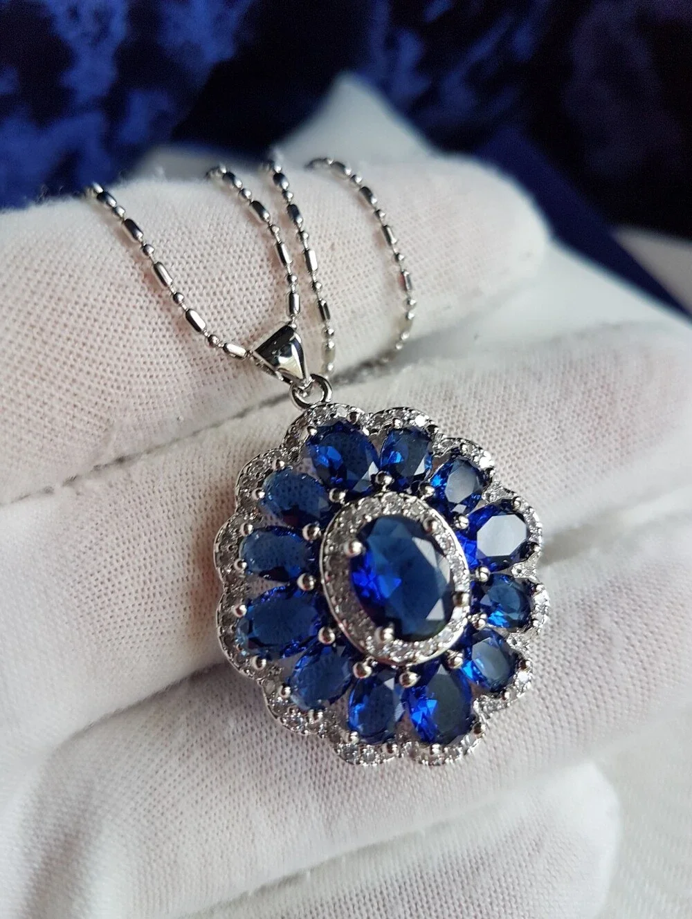 Swarovski Elements Blue Sapphire 925 Sterling Silver Statement Necklace NEW